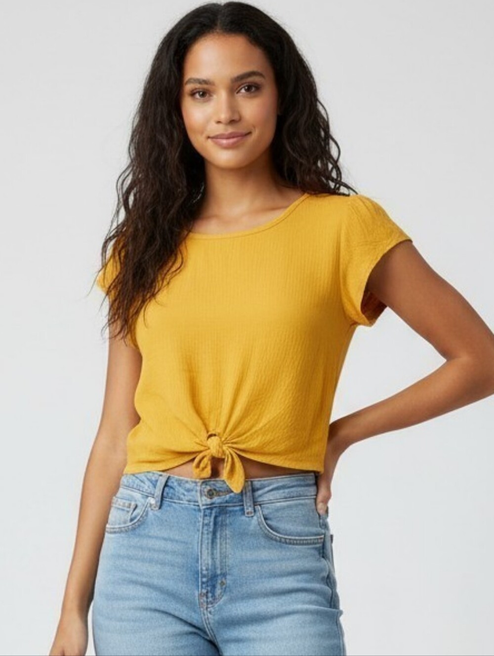 Active USA Mustard Tie-Front Ruffle Sleeve Crop Top